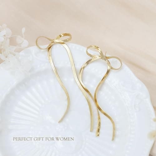 BAYLAY Bow Earrings for Women, 18K Gold Plated Bow Dangle Earrings Dangling Dangly Gold Earrings for Women Trendy for Wedding Prom Aretes para Mujer Gold Jewelry Gifts for Woman - Thumbnail 6