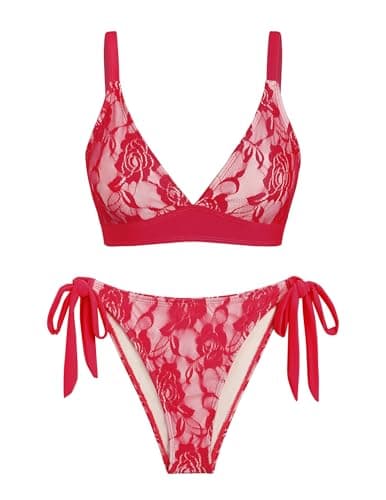 seamoly 2 Pieces Lace Bikini V-Neck Swimsuits for Women Tie Side Bikini Set Crimson Red XL - Image 1