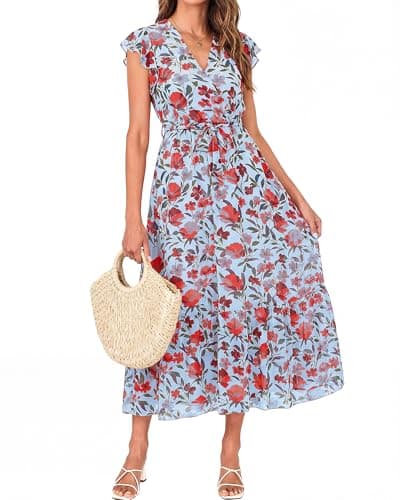 BTFBM Women Summer Bohemian Floral Casual Wrap V Neck Ruffle Cap Sleeveless Belt A-Line Pleated Hem Swing Midi Sun Dress(Blue Red Flower,Small) - Image 1