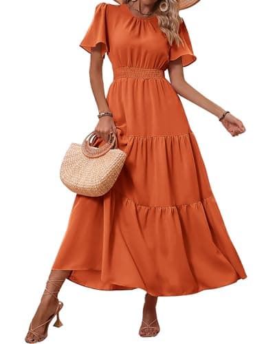 PRETTYGARDEN Woman Summer Clothes Casual Short Sleeve Maxi Dress Plain Soft Business Work Dresses 2025 Trendy(Solid Orange,Small) - Image 1