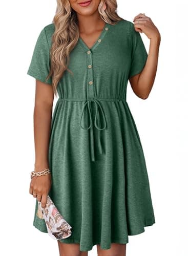 Dokotoo Womens Spring Summer Dresses 2026 Drawstring Waist Cute Babydoll Tunic Dress Casual Short Sleeve Mini Dress Flowy Holiday Outfits Sundress Shift Dress Plus Size Mist Green Dresses for Women S - Image 1