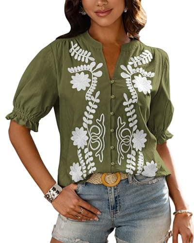 BTFBM Women's 2026 Spring Tops Casual Floral Boho V Neck Puff Short Sleeve Button Down Shirts Embroidered Blouses Tunic(Floral Army Green White, XX-Large) - Image 1