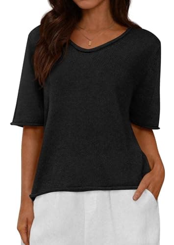 BTFBM Sweaters for Women 2026 Summer Oversized Half Short Sleeve Knitted Pullover V Neck‌ Casual Loose Fit Spring Tops(Black, Medium) - Image 1