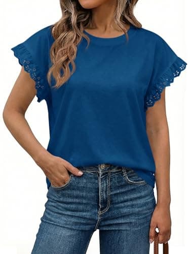 Tankaneo Womens Lace Cap Sleeve Tops Summer Crew Neck T Shirts Dressy Casual Loose Fit Work Basic Tees Dark Blue - Image 1