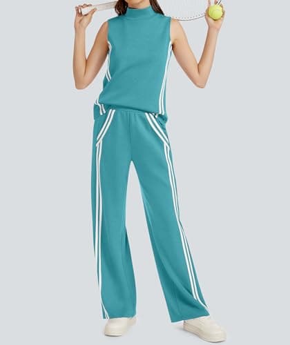 Casly Lamiit Lounge Sets for Women 2 Piece Casual Travel Outfits Matching Active Airport Sweatsuit Mock Neck Tops Wide Leg Track Pants Viridian Green L - Thumbnail 2