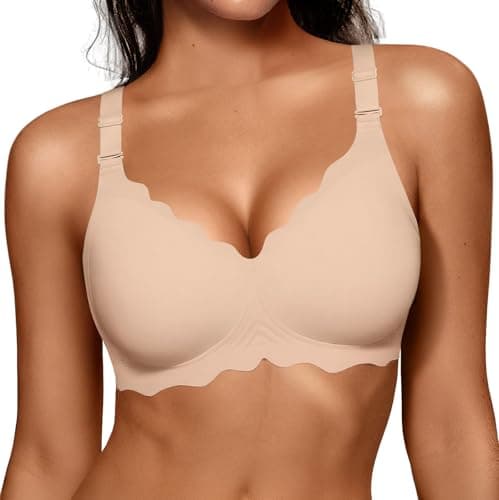 OEAK Womens Seamless Scalloped Bras No Underwire Push Up Full Coverage Bra Comfortable Soft Convertible Everyday Tshirt Bra Nude,XL - Image 1