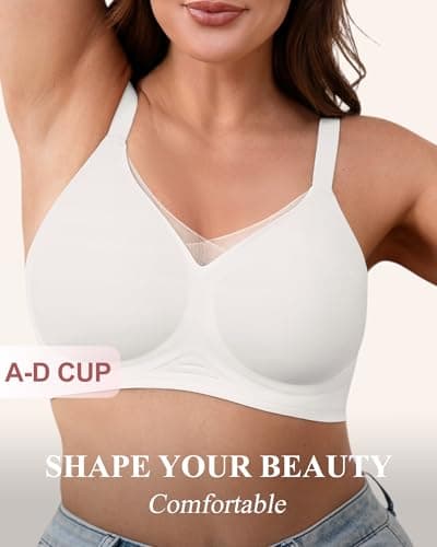 ZEBELL M-5XL Wireless Bras for Women No Underwire, Plus Size V Lace Comfortable Bralette with Support, Full Coverage T-Shirt Bra White - Thumbnail 3