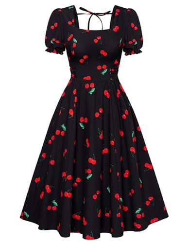 Belle Poque Black Cherry Vintage 1950s Cocktail Party Dress 2026 Summer Square Neck Flowy Homecoming Graduation Dress XL - Image 1