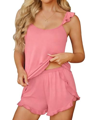 Ekouaer Womens Pajama Sets Ruffle Cami Top and Shorts 2 Piece Lounge Set Sleepwear, Summer Comfy Cute Bridal Pajama for Women Blush Pink - Image 1