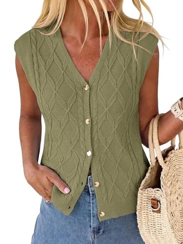 BTFBM Sweater Vest Women V Neck Cap Sleeve Button Down Knit Tops Spring Summer 2026 Loose Lightweight Cardigan Vests(Army Green, X-Large) - Image 1