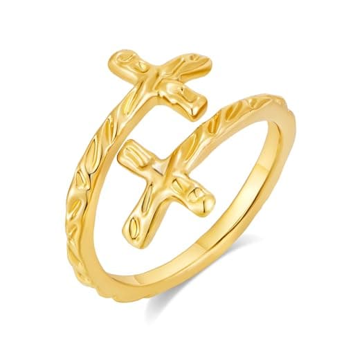 SHANTYSON Double Cross Ring for Women Gold Plated Hammered Texture Open Ring Size Adjustable Dainty Faith Christian Jewelry Gifts (Gold-Double Cross) - Image 1