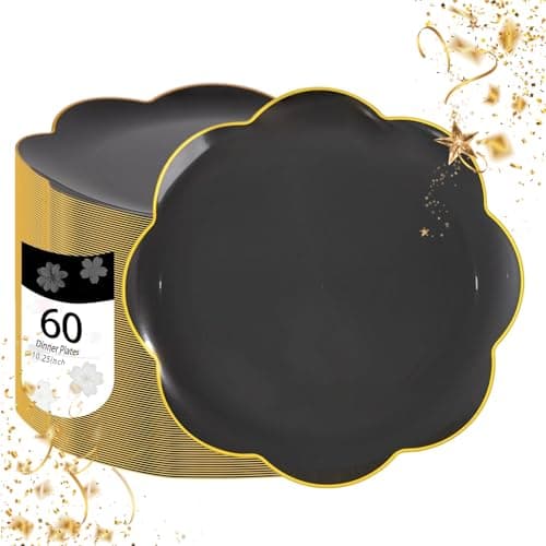 LIYH 60 Pcs 10.25 Inch Black and Gold Plastic Plates - Scalloped Dinner Plate Disposable, Fancy Black Gold Rim Plastic Tableware Dishes Plates Heavy Duty for Party - Image 1