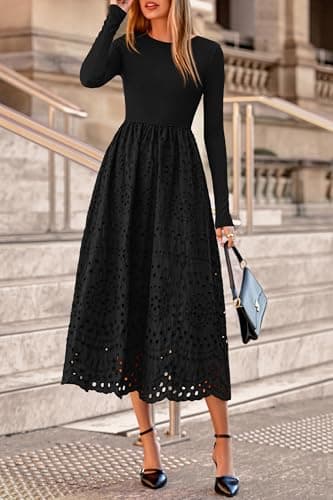 dowerme Women Spring Dresses 2026 Casual Long Sleeve Crewneck A-Line Boho Eyelet Cotton Maxi Wedding Guest Dress Pockets(Black,Small) - Thumbnail 4
