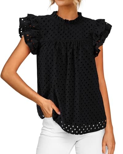 BTFBM Casual Summer Tops for Women 2025 Short Ruffle Sleeves Shirts Crew Neck Hollow Out Lace Embroidered Blouses(Black,Medium) - Image 1