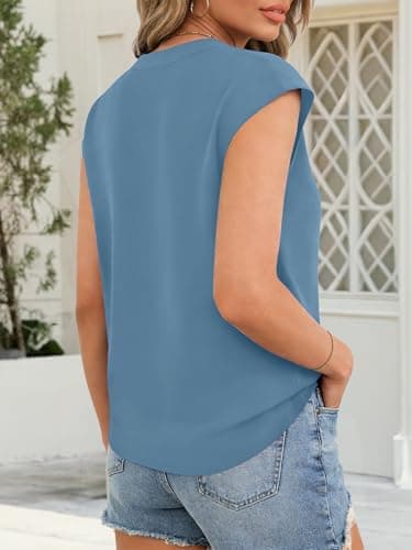 Funlingo Womens Summer Tops Dressy V Neck Cap Sleeve Tunic Shirts 2026 Business Casual Loose Flowy Blouses for Office Work Grey Blue S - Thumbnail 4