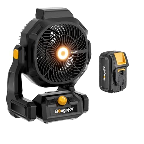 BougeRV Battery Powered Fan 755 CFM Portable Fan with 8A Removable Battery, Metal Hooks, USB Port, AC/DC Supply, Bright Light, 210° Tilt for Jobsite, Camping, Workshop, RV, Power Outage, Home - Image 1