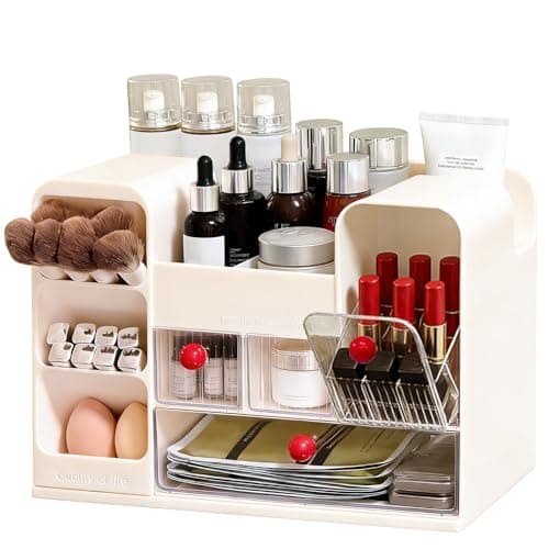 LLNTOU Makeup Organizer for Vanity with Brush Holder, Large Cosmetic & Skincare Organizer Countertop with Muti-Drawers, Cosmetic Display Case for Lipsticks, Nail Polishes, Perfumes, Eyeshadow (cream) - Image 1