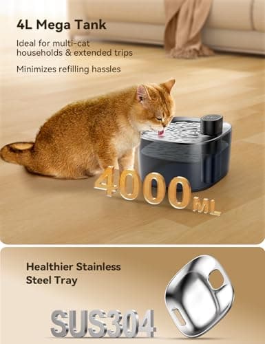 FEELNEEDY Wireless Cat Water Fountain, No Pump for Easy Cleaning, 4000mAh Detachable & Rechargeable Battery, Motion Sensor with Low Water & Power Alerts - Includes 6 Filters (4L/135oz) - Thumbnail 6