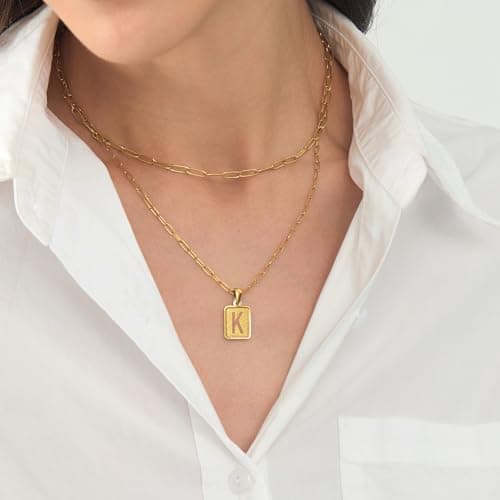 LETFLY Initial Gold Necklaces for Women, 18K Gold Plated Letter Layering Necklace Square Shaped Pendant with Adjustable Paperclip Chain for Womens Jewelry Gifts Alphabets K - Thumbnail 2