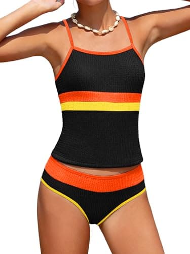 AMAWMW Teen Girls Tankini Swimsuit Quick Dry 2 Piece Bathing Suit for Girls with Chest Pad Kids Swimwear Size 7-16Y, Black, 7-8Y - Image 1