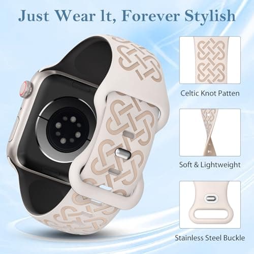 Minyee 2 Pack Engraved Bands Compatible with Apple Watch Band 38/40/41/42mm Women, Soft Silicone Two-Tone Celtic Sport Strap for iWatch Series 11 10 9 8 7 6 5 4 SE/Ultra 3 2 1, Starlight/Black/Nude - Thumbnail 2
