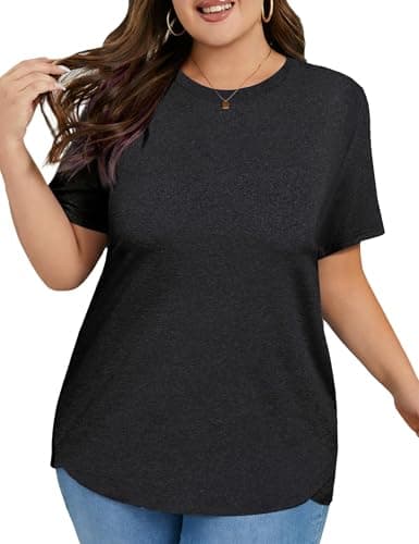 Hithymo Workout Tops for Women, Plus Size Gym T Shirts Loose Fit Short Sleeve Tunic Length Crewneck Fast Dry Light Weight Breathable Moisture Wicking Long Athletic Blouse Black - Image 1