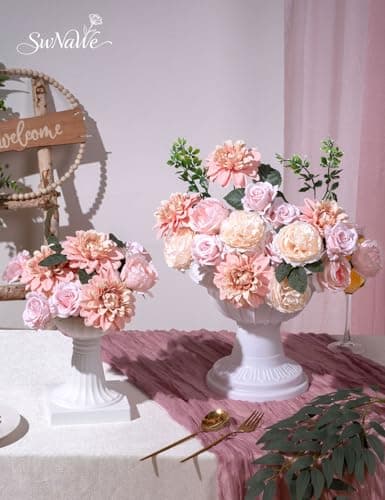 SWNAWE Pink Flowers Artificial Roses Combo Set Faux Pink Silk Flowers Fake Roses Mix Dahlia Peonies with Stems for Wedding Bouquets Table Centerpiece Baby Bridal Shower Birthday Party Decorations - Thumbnail 6