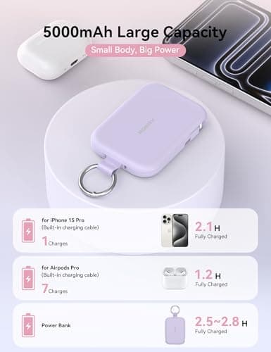 RORRY Portable Charger, 5000mAh Portable Charger Power Bank with Built-in Cables, Travel Keychain Charger Battery Pack for iPhone 17/16/15/14/13/12, for AirPods 2/3/4/Pro, Purple - Thumbnail 3