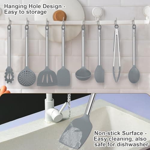 8 PCS Cooking Utensils Set, Vayvnt Silicone Kitchen Spatula Set for Cooking, Non Toxic Silicone Kitchen Utensils with Stainless Steel Long Handle, Spoon and Tong, Heat Resistant&Dishwasher Safe, Gray - Thumbnail 5