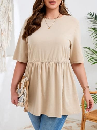 Beautife Womens Plus Size Summer Babydoll Tops Short Sleeve Crew Neck T Shirts Peplum Casual Loose Fit Blouse Khaki - Thumbnail 2