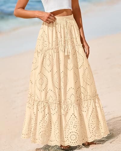 BTFBM Boho Long Skirts for Women Spring Summer 2026 Lace Embroidery High Waist Flowy Tiered Maxi Skirt Beach Vacation(Beige, Medium) - Thumbnail 5