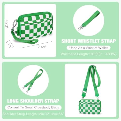 WOOMADA Checkerboard Nylon wristlet wallets for women - Crossbody Bag with Credit Card Holder & Cell Phone Organizer(Kelly Green Checkerboard) - Thumbnail 5
