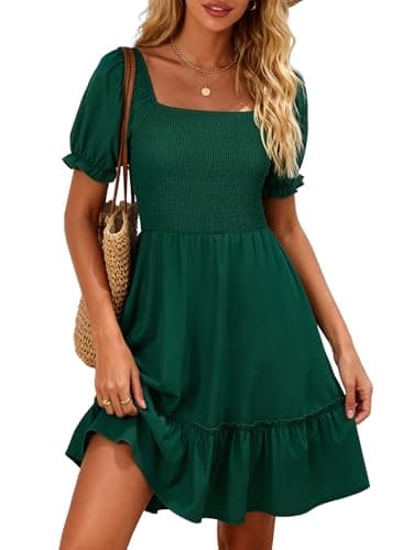 Berydress Green Dress 2026 Vacation Square Neck Short Sleeve Sundress with Pockets Flowy Tiered Smocked Babydoll Boho Casual Dresses(L,6295-Green) - Image 1