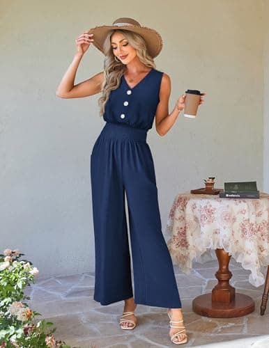 LOOKBOHO Jumpsuits for Women Dressy Summer V Neck Sleeveless Wide Leg Long Pants Romper Fashion Travel Outfit(NB,XL) - Thumbnail 4
