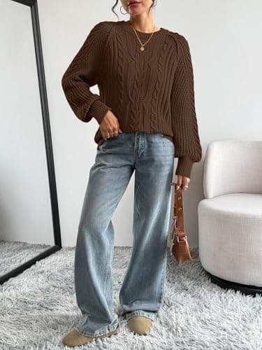 Trendy Queen Women Oversized Sweaters 2026 Fall Fashion Outfits Cable Knit Cozy Crewneck Cotton Pullover Cute Chunky Long Tunic Ladies Top Old Money Clothes Winter Clothing Brown M - Thumbnail 6