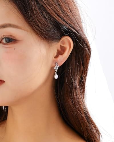 Pearl Earrings for Women, Trendy Silver Pearl Diamond Earrings Bridal Shower Gifts Wedding jewelry for Women - Thumbnail 3