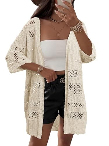 KISSMODA Crochet Cardigans for Women 2026 Summer Apricot Loose Fit Lightweight Boho Short Sleeve Open Front Cardigan for Wine Tasting Days XXL - Thumbnail 2