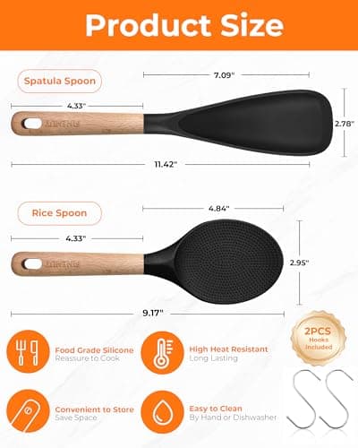 FINENUT Cooking Spoon Multifunction Spoonula Silicone Spatula Spoon 2-Pack, Dual-Use Heat Resistant 446°F, BPA-Free Non-Toxic Wooden Handle Rice Spoon Set for Non-Stick Cookware & Rice Cookers (Black) - Thumbnail 3