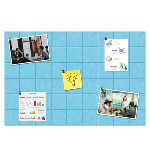 HULAVO Large Square Felt Cork Board Tiles, Self Adhesive DIY Felt Bulletin Board Pin Board with 35 Pushpins for Office School Home Wall Decor Stickers Memos Photos Display (Sky Blue)