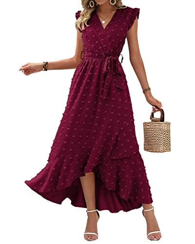 BTFBM Women V Neck Summer Dress 2025 Cap Sleeve Swiss Dot Boho Flowy Ruffle Slit Beach Party Long Maxi Cocktail Dresses(Wine Red, Large) - Image 1