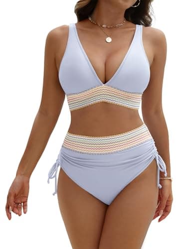 GKBK Women High Waisted Bikini Sets Tummy Control Swimsuits Color Block Two Piece Drawstring Bathing Suit Blue L - Image 1