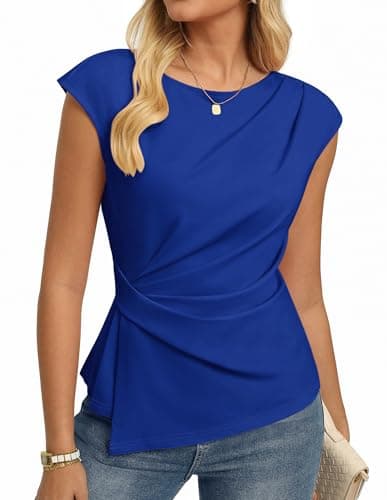 GRACE KARIN Womens 2026 Spring Short Sleeve Tops, Dressy Casual Crew Neck Peplum Shirts, Trendy Tunic Blouses with Knot Royal Blue 2XL - Image 1