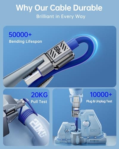Vexipia 4 in 1 USB C Cable 60W Fast Charging & Data Transfer, Thicker Silicone Multi Charger Cord for iPhone iPad Charger Wire Combo with L/Type C/USB A for iPhone 16/15/Macbook (Blue) - Thumbnail 6
