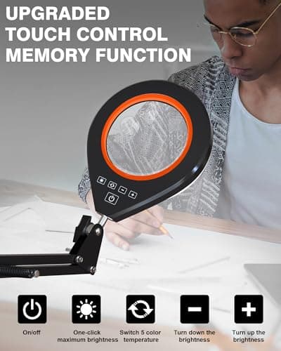 10X & 5X Magnifying Glass with Light, Ultra Long Swing Arm, 5 Colors & 10 Brightness, Real Glass Lens Large Magnifying Lamp for Craft Painting Workbench Jewelry Making Hobby Close Work (Orange) - Thumbnail 6