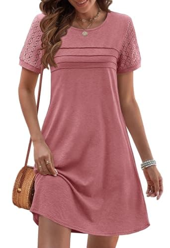 MEROKEETY Women's Summer Short Lace Sleeve T Shirt Dress Casual Crew Neck Pleated Front Shift Dresses, Pink, Small - Image 1
