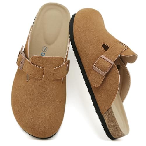 Dumalum Suede Brown Clogs for Women & Men - Comfort Cork Footbed with Arch Support - Adjustable Buckle Mules Slip-On Sandals Unisex Potato Shoes Home Slippers - Image 1