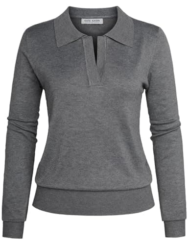 Kate Kasin Fall Sweaters V Neck Knitted Tops Casual Ribbed Shirt Loose Pullover Sweater Dark Grey S - Image 1