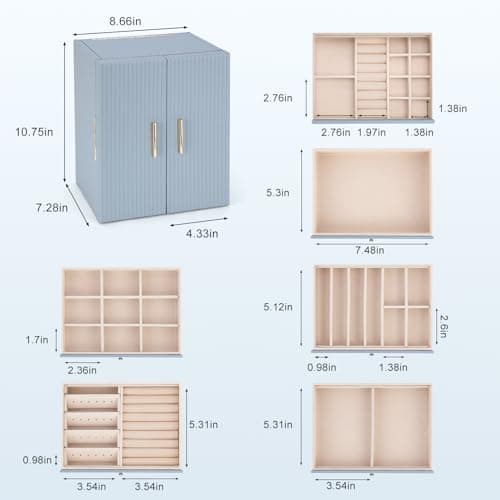 Dajasan Large Jewelry Organizer Box with Mirror, Jewelry Storage Organizer with 5 Drawers, 6-Tier Jewelry Gift Box for Women, Girls, Friends, Wife or Mother, Gift Idea (Smoky Blue) - Thumbnail 3