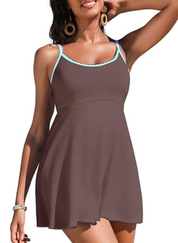 Aleumdr Retro One Piece Swimsuits for Women 2026 Tummy Control Swim Dresses Color Block High Waisted Skirt Bathing Suit with Pocket Dark Brown Small - Image 1