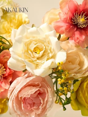 AKAUKIN Pink Yellow Artificial Flowers Combo, Fake Silk Dahlia Roses Bulk with Stems Box Set for Wedding Bridal Bouquets, Baby Shower, Party, Table Centerpieces, Home Decor & DIY Floral Arrangements - Thumbnail 3